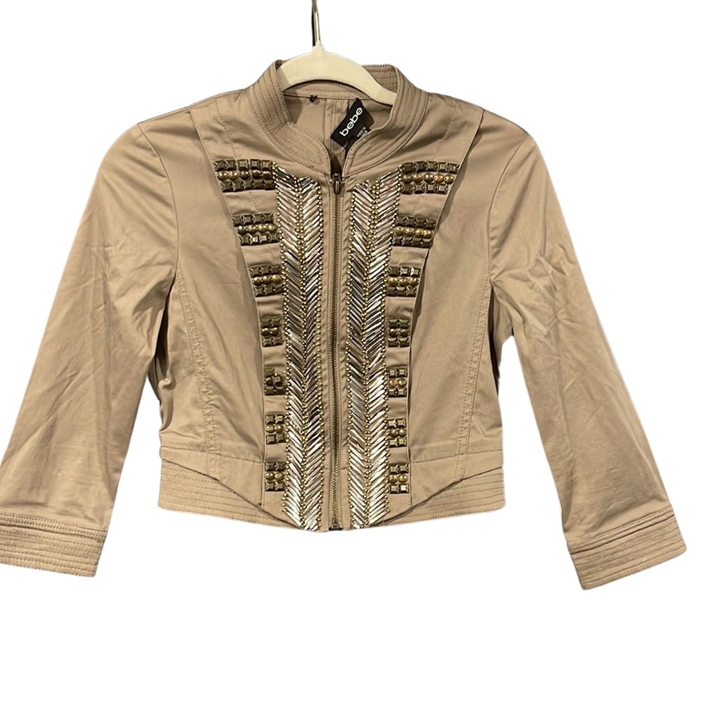 BEBE Brown Tan‎ Accent Zipper Front Cotton Jacket Size XS Beaded Cropped Western
